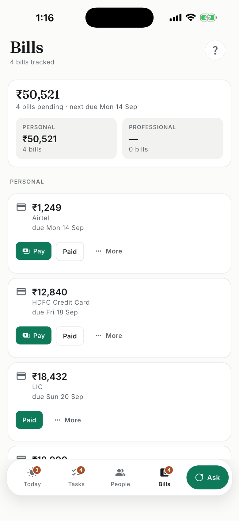 The Money tab: bills with amounts, due dates and a Pay button