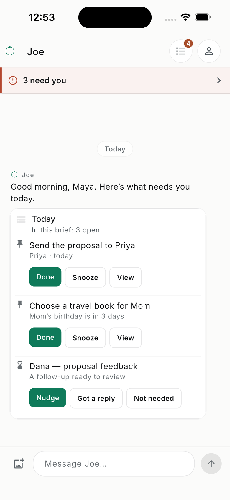 Joe’s daily brief with a proposal, birthday plan and follow-up that need attention